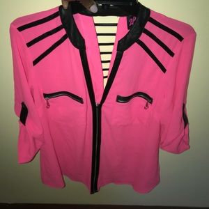 Pink and Black Bebe Shirt With Leather Detail
